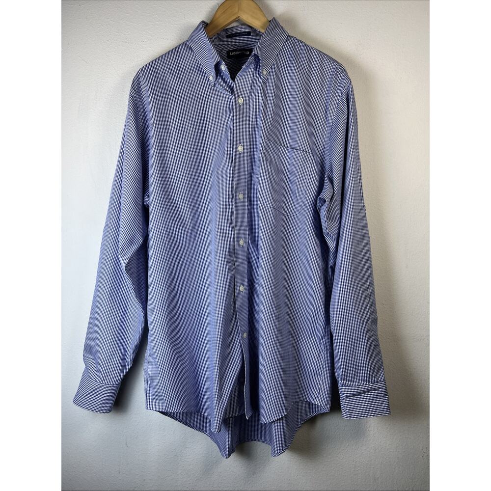 Lands End Shirt Mens 16 16 1/2 Blue check Long Sleeve Button Up supima cotton L